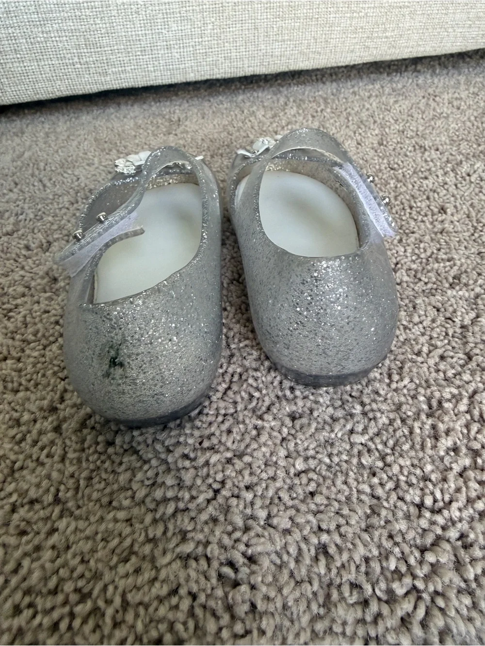 Mini Melissa Silver Glitter Mary Jane Shoes with Flower Accents